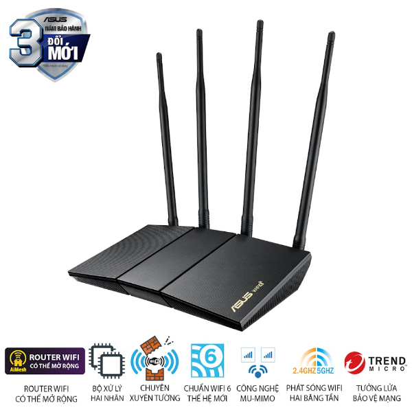 Bộ phát wifi 6 Asus RT-AX1800HP MU-MIMO V2 (Chuẩn AX/ AX1800Mbps/ 4 Ăng-ten ngoài/ Wifi Mesh/ 35 User)